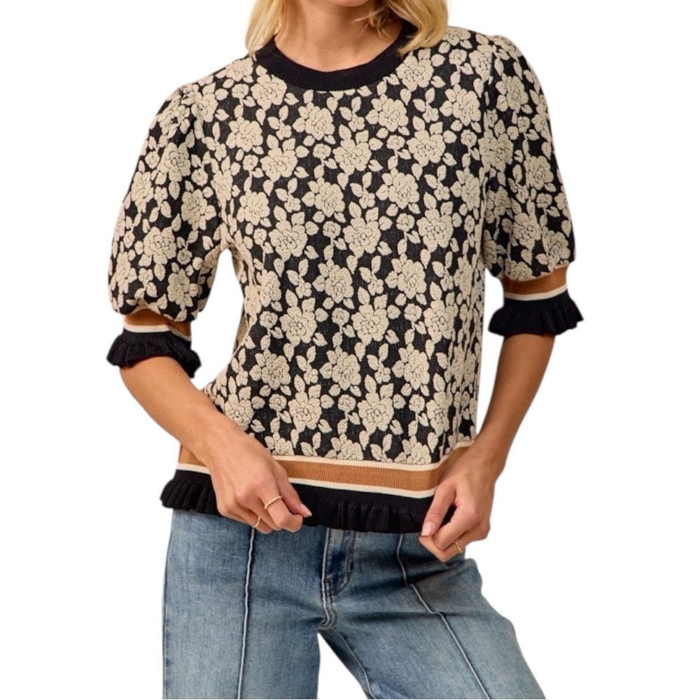 NEW BiBi Textured Rose Knit Top Contrast Banded Puff Sleeve Retro